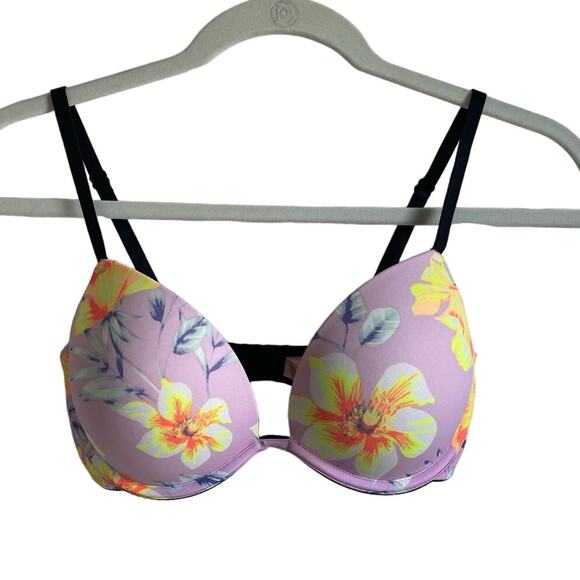 Victoria's Secret Pink Wear Everywhere Super Push-Up Bra Sz 32D EUC Pink Floral - Picture 1 of 6